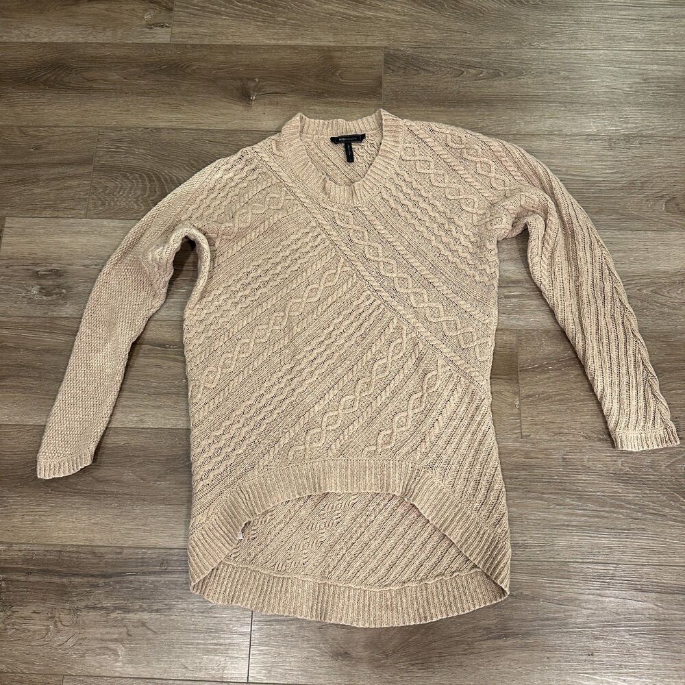 BCBGMAXAZRIA Asymmetric Diagonal Cable Knit Cotton Wool High Low Sweater Small